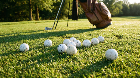 Used golf balls on a fairway in evening sun, a golf bag behind, showing different levels of wear