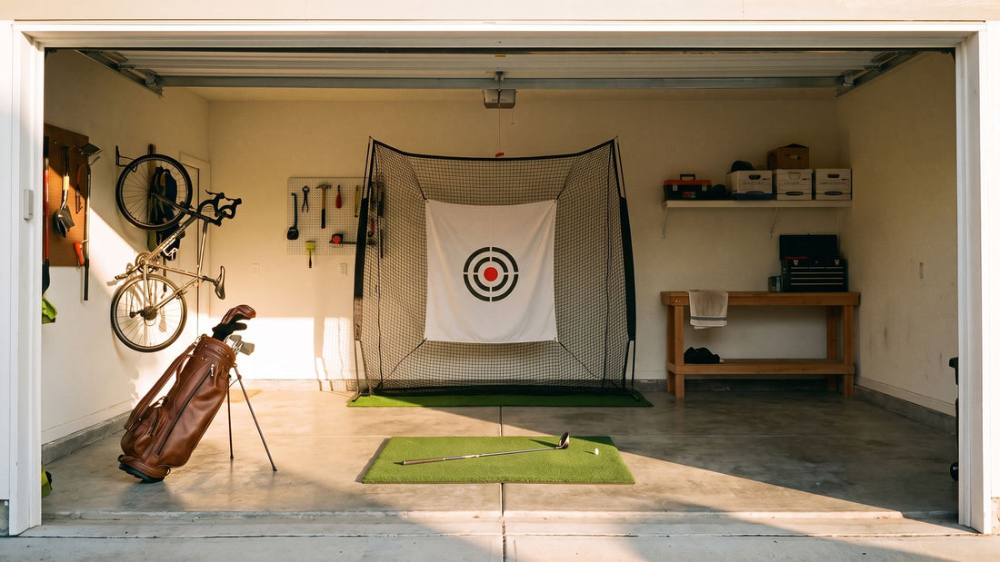 A golf practice net and hitting mat set up in a tidy home garage, with a bag and a bike on the wall