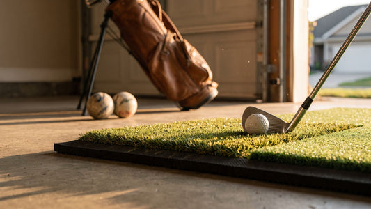 Close-up of a thick golf hitting mat on a garage floor in evening light, with a ball and an iron on it