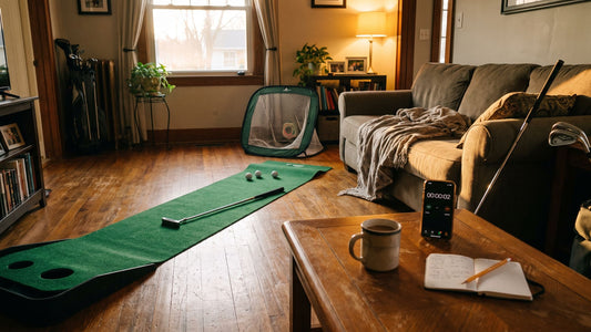 A living room at dusk with a putting mat, chipping net, coffee, phone timer and a notebook