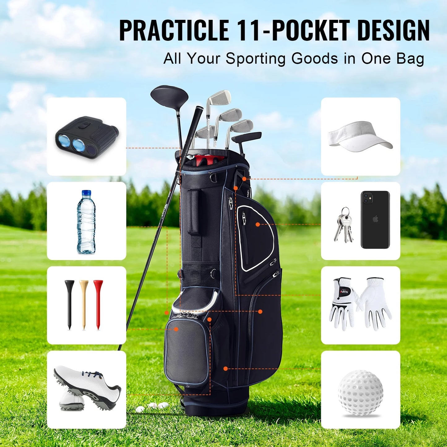 Golf Bag for Carts, 14-Slot Top Divider, 35'' with 11 Storage Sections, Sturdy Stand & Carry Handles, Includes Dust Protection & Removable Shoulder Straps, Unisex Design in Black & White
