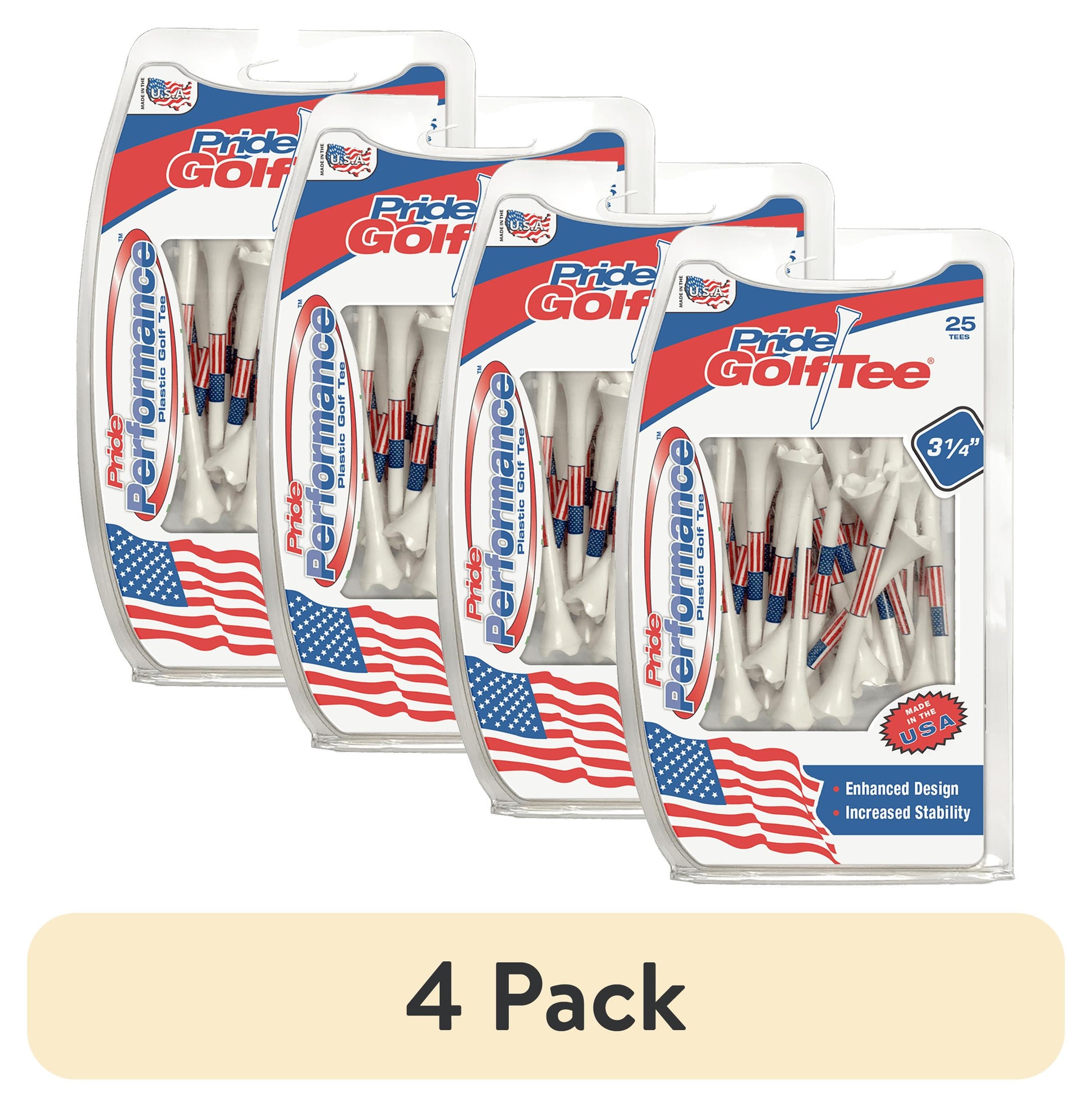 (4 Pack)  Flag Plastic Golf Tees – Low-Resistance Head, 3.25" Durable Plastic for Golfing, Enhanced Stability, 25 Count