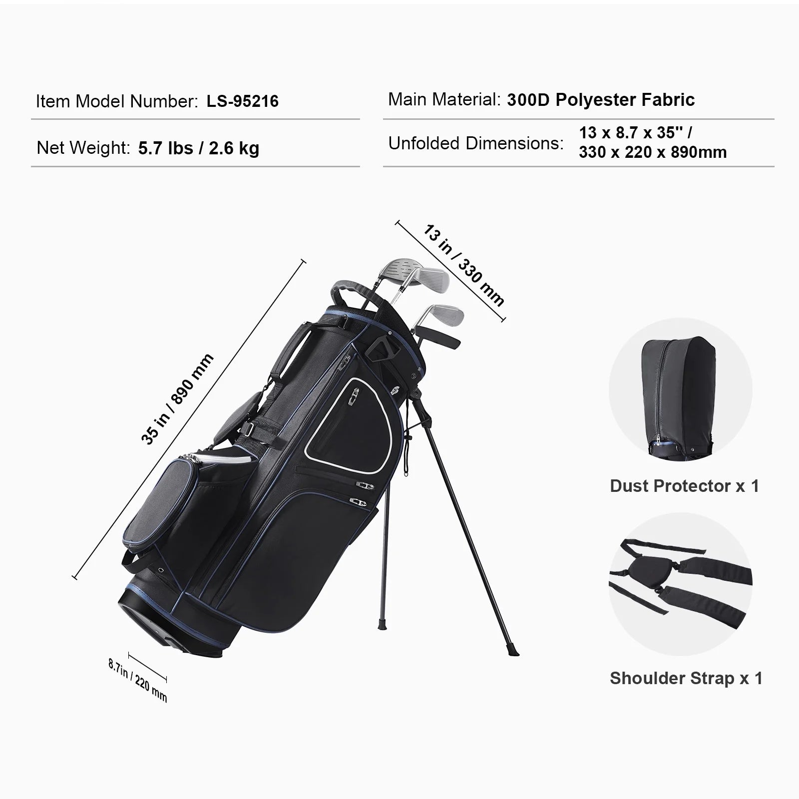 Golf Bag for Carts, 14-Slot Top Divider, 35'' with 11 Storage Sections, Sturdy Stand & Carry Handles, Includes Dust Protection & Removable Shoulder Straps, Unisex Design in Black & White