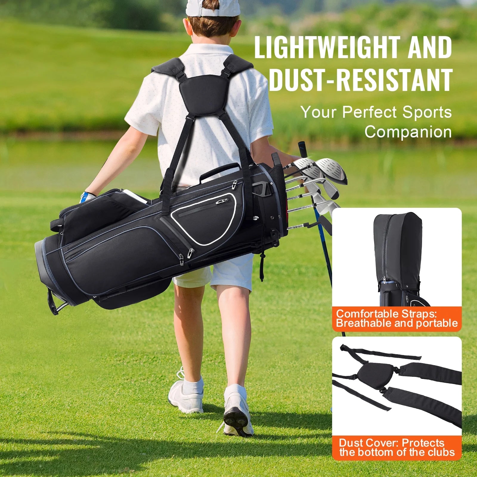 Golf Bag for Carts, 14-Slot Top Divider, 35'' with 11 Storage Sections, Sturdy Stand & Carry Handles, Includes Dust Protection & Removable Shoulder Straps, Unisex Design in Black & White