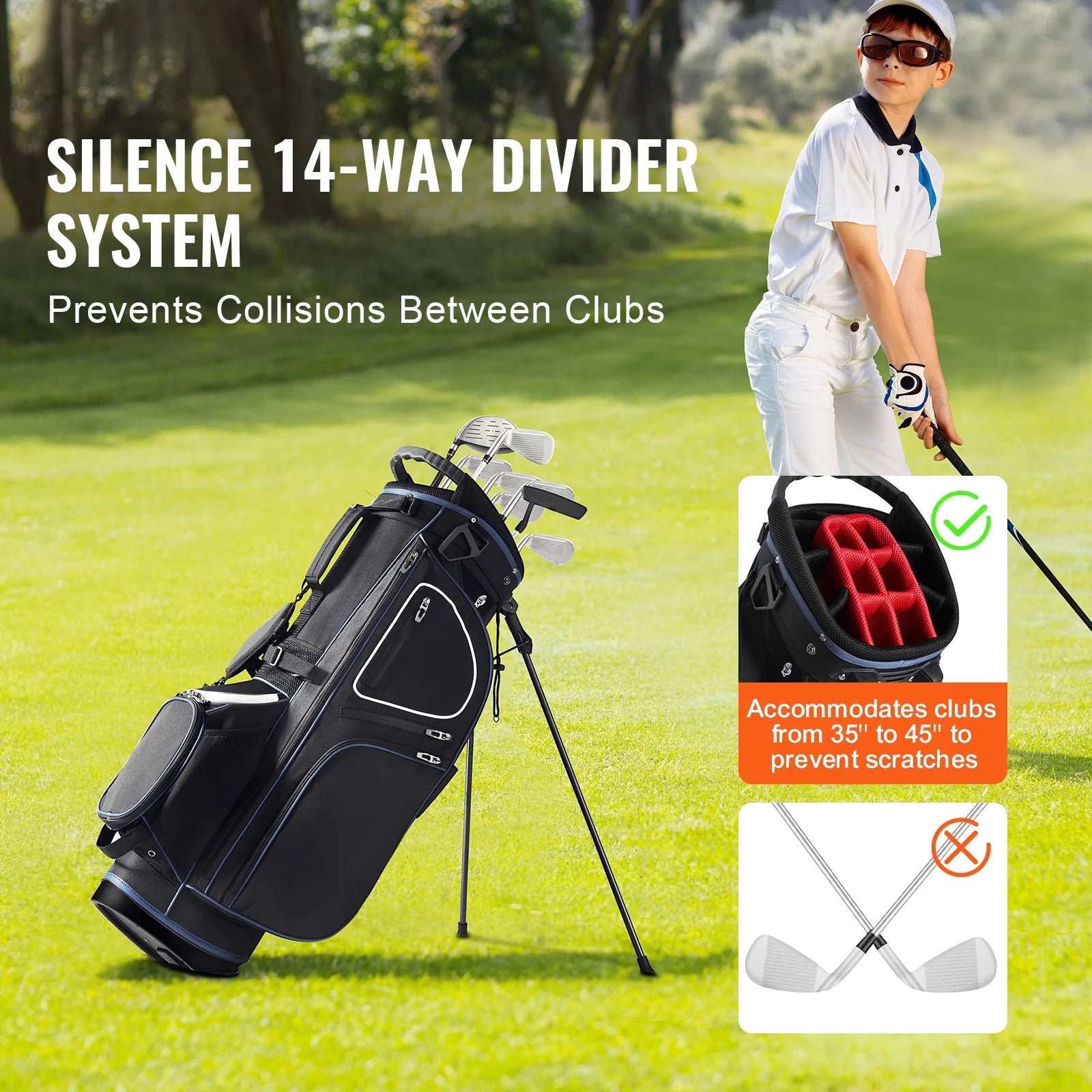 Golf Bag for Carts, 14-Slot Top Divider, 35'' with 11 Storage Sections, Sturdy Stand & Carry Handles, Includes Dust Protection & Removable Shoulder Straps, Unisex Design in Black & White