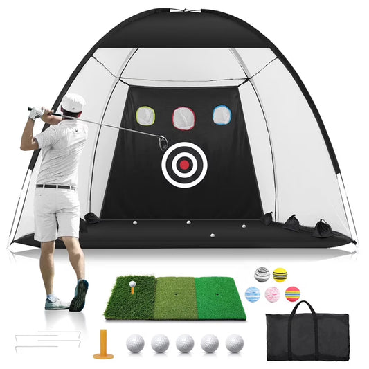 Golf Net, 9.8X7.8Ft Golf Practice Net with Golf Mat, All in 1 Home Golf Hitting Aid Nets for Backyard Driving Chipping Swing Training