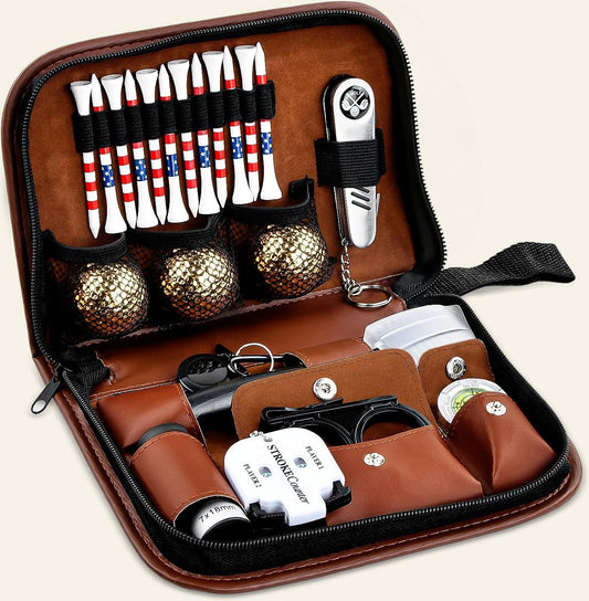 Golf Tool Gift Set — Gold Balls, Telescope & Leather Case
