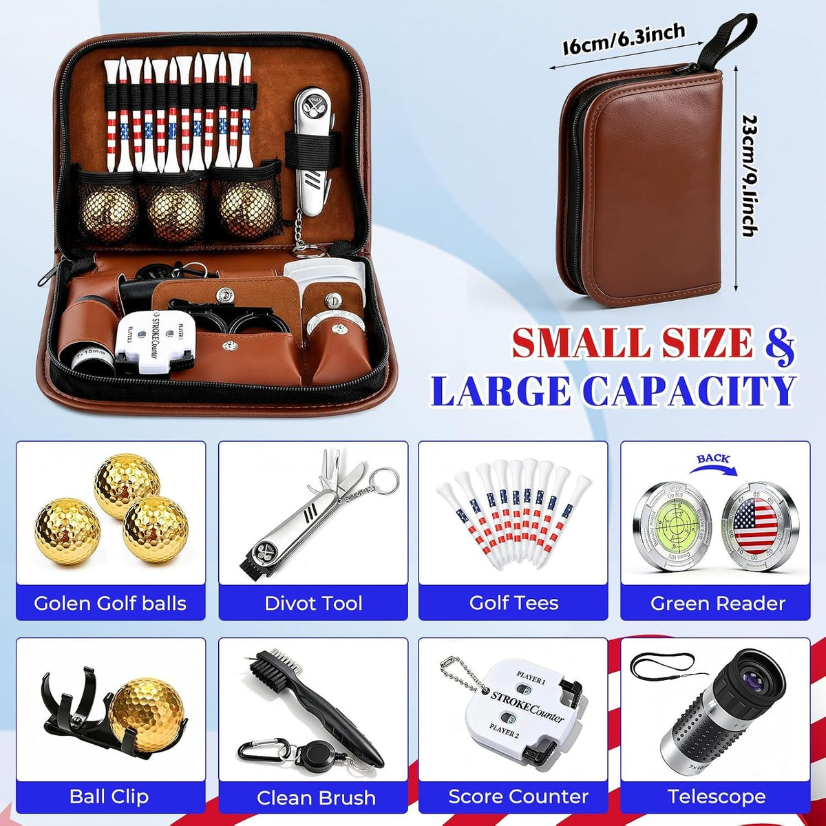 Golf Tool Gift Set — Gold Balls, Telescope & Leather Case