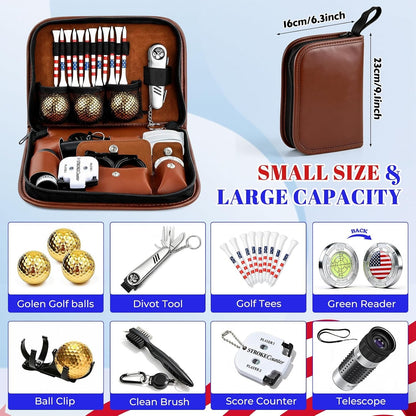 Golf Tool Gift Set — Gold Balls, Telescope & Leather Case