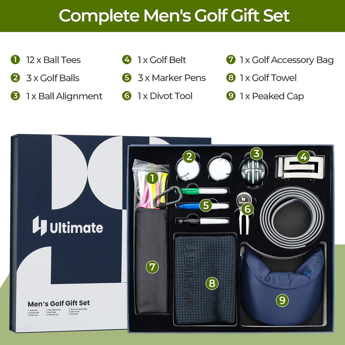 Golf Gift Box Set — Balls, Tees, Towel, Belt & Cap
