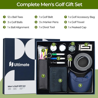 Golf Gift Box Set — Balls, Tees, Towel, Belt & Cap